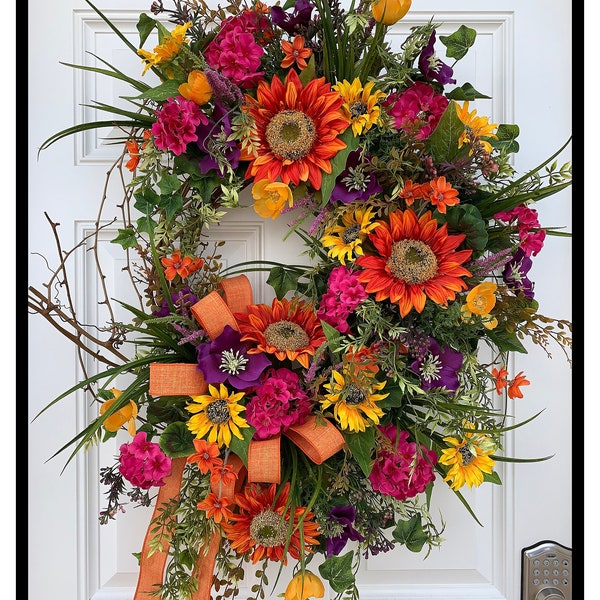 Large Summer Wreath For Front Door Wreath, Spring Summer Wreath For Door, Sunflower Wreath, Vibrant Wreath, Colorful Door Wreath