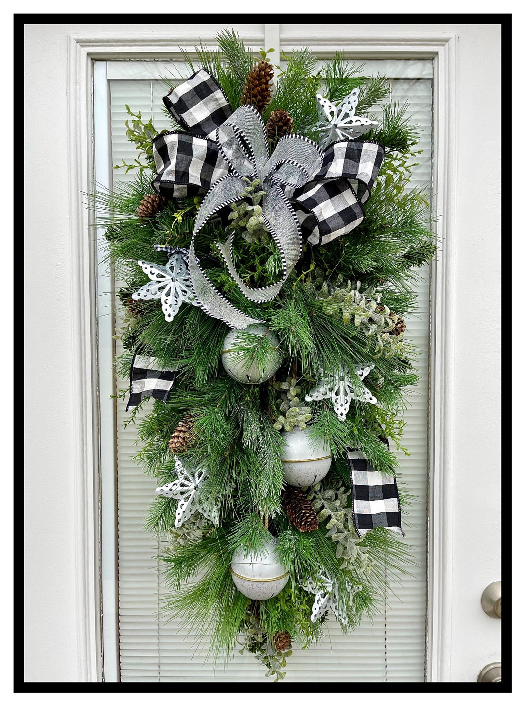 Sleigh Bells and Snowflakes Winter Door Swag, Rustic Door Swag