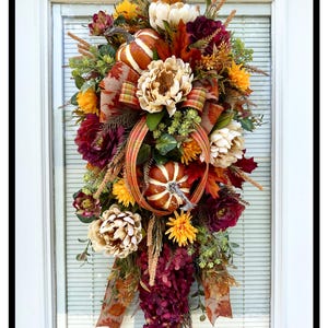 Elegant Designer Fall Swag For Your Front Door, Autumn Swag Wreath With Pumpkins, Thanksgiving Entryway Decor