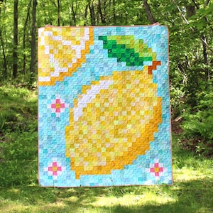 May include: A handmade quilt featuring a large yellow lemon design against a light blue background. The lemon is detailed with green leaves and a brown stem. Pink and white floral accents are placed around the lemon. The quilt is displayed outdoors.