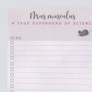 Peut inclure: Un bloc-notes de liste de tâches lilas et blanc avec le texte "Mus musculus A TRUE SUPERHERO OF SCIENCE". Le bloc-notes présente une illustration de souris et une liste de cases à cocher. Le bas du bloc-notes porte le texte "NERDY WORDS".