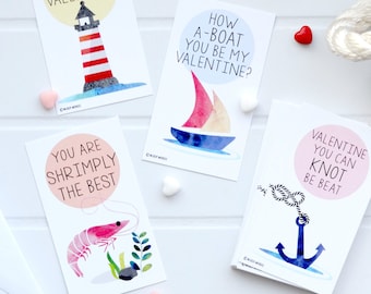 Tiny Nautical Shrimp Boat Anchor Lighthouse Funny Pun Valentines (Wallet-Sized Cards with Mini Envelopes) for Valentine's Day