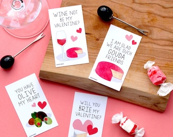 Tiny Wine & Cheese Charcuterie Board Valentines (Set of 24, Wallet-Sized Cards with Mini Envelopes) for Valentine's Day