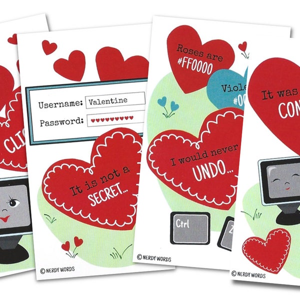 Tiny Computer-Themed Valentines Day Cards Set of 24 | Computer Geek | Teacher, Friend, Student, Professor, Secretary, Administration, HR