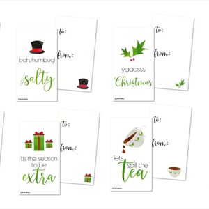 May include: Set of ten printable Christmas gift tags with festive illustrations and humorous sayings. The tags feature a Christmas tree, a holly sprig, a lobster, a teacup, a lightbulb, and a gift box.