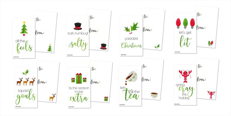 May include: Set of ten printable Christmas gift tags with festive illustrations and humorous sayings. The tags feature a Christmas tree, a holly sprig, a lobster, a teacup, a lightbulb, and a gift box.
