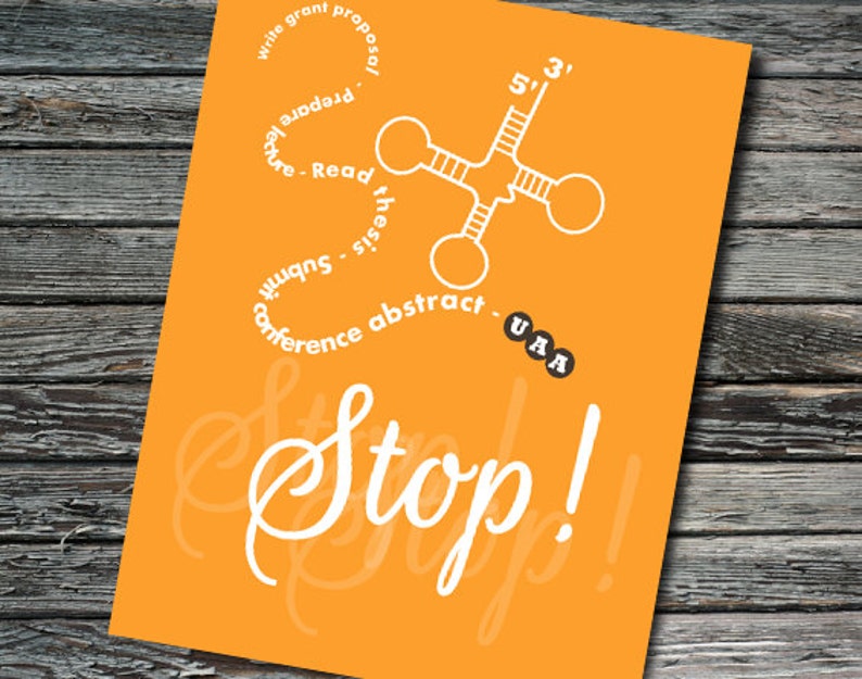 May include: Orange background with white text that reads "Write grant proposal", "Prepare lecture", "Read the thesis", "Submit conference abstract", "UAA", and "Stop!" in a circular pattern. A white diagram of a cross with four circles at the ends is in the upper right corner.