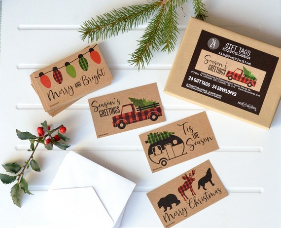 Set of 24 Kraft Buffalo Plaid Retro Red Christmas Pickup Truck, RV Camper & Woodland Animal Gift Tags for the Holidays Il_570xn