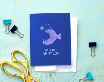 Angler Fish You Light Up My Life Blank Note Card by Nerdy Words Inc.