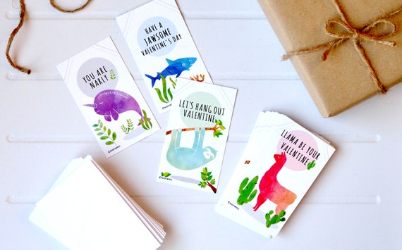 Tiny Llama Sloth Shark Narwhal Funny Pun Valentines (Wallet-Sized Cards with Mini Envelopes) for Valentine's Day Il_570xn