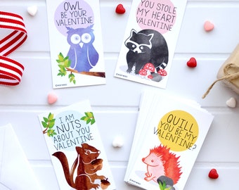 Tiny Woodland Chipmunk Raccoon Owl Hedgehog Valentines (Wallet-Sized Cards with Mini Envelopes) for Valentine's Day