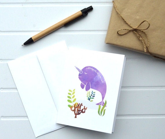 Narwhal All-Occasion Blank Card with Watercolor Effect by Nerdy Words Inc. Il_570xn
