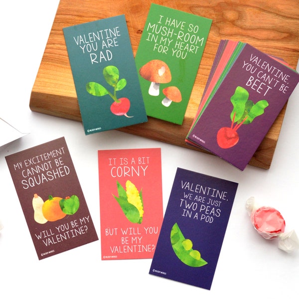 Tiny Vegetable Beet Squash Radish Peas Mushroom Funny Pun Valentines (Wallet-Sized Cards with Mini Envelopes) for Valentine's Day