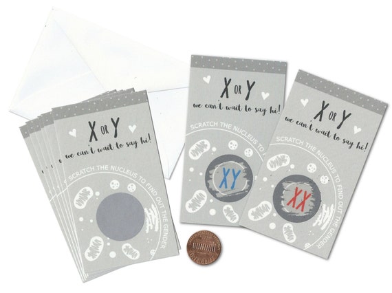 XY or XX Gender / Sex Reveal Scratch-Off Cards - Pack of 12 | Scratch the Nucleus Baby Announcement | Science Biology Teacher Scientist Il_570xn