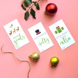 May include: Four Christmas-themed gift tags with green and white illustrations and text. The tags feature the phrases "squad goals", "bah humbug! #salty", "tis the season to be extra", and a group of reindeer.