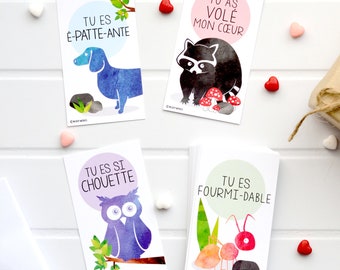 Tiny French Language Ant Dog Raccoon Owl Animal Valentines (Wallet-Sized Cards with Mini Envelopes) for Valentine's Day