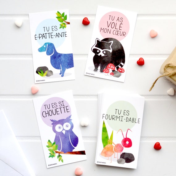 Tiny French Language Ant Dog Raccoon Owl Animal Valentines (Wallet-Sized Cards with Mini Envelopes) for Valentine's Day Il_570xn