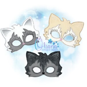 May include: Three felt animal masks for kids. The masks are gray, white, and tan with black eyes and eyelashes. The masks are designed to look like cats.