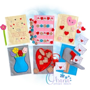 May include: A set of six felt Valentine's Day activity cards for kids. The cards feature a variety of activities, including a tic-tac-toe game, a matching game, a counting game, and a mail-sorting game. The cards are decorated with hearts, flowers, and other Valentine's Day themes.