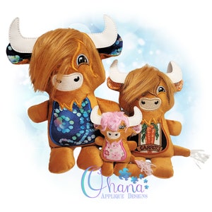 May include: Three plush Highland cow toys of different sizes. The cows have shaggy brown fur, white horns, and embroidered faces. The largest cow has a blue patterned design, the middle cow has a carrot design, and the smallest has a pink floral design.
