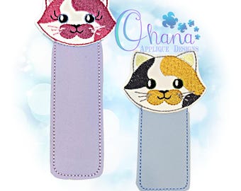 May include: Two cat-themed finger puppets. The first puppet is pink and white with a purple finger. The second puppet is white, black, and yellow with a blue finger.
