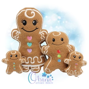 May include: Four brown felt gingerbread people with white icing details and embroidered smiles. The largest gingerbread person has three heart-shaped buttons. The other gingerbread people have round and rectangular buttons. The image has a light blue and white background.