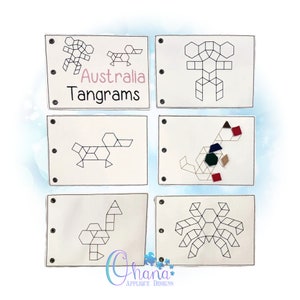 May include: A set of six felt pages with black outlines of Australian animals, including a kangaroo, a platypus, a kookaburra, a spider, and a crocodile. The pages are designed for children to learn about tangrams and to practice their fine motor skills.