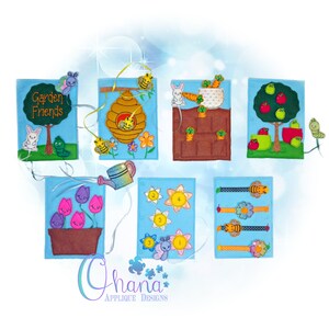 May include: A set of felt play mats for children featuring a garden theme. The mats include a beehive, a garden with carrots, an apple tree, a flower pot with tulips, a counting activity with flowers and bees, and a counting activity with bees and flowers.