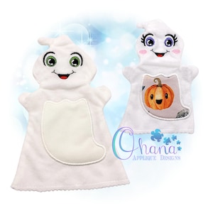 May include: Two white plush ghost hand puppets. One ghost has a smiling face with green eyes and a red mouth. The other ghost has a smiling face with purple eyes and a pink mouth. The second ghost has a pumpkin applique on its chest.
