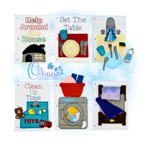 May include: A set of six felt activity cards with embroidered images and text. The cards feature tasks like "Help Around the House," "Set the Table," and "Clean Up Time." Each card has a different illustration, including a house, dishes, and a washing machine.