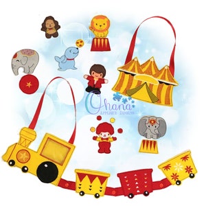 May include: A set of felt applique designs featuring a circus theme. The set includes a train, a clown, a lion, an elephant, a seal, a tent, and a ringmaster. The designs are perfect for adding a whimsical touch to any project.