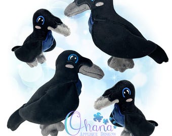 May include: Four plush black crow toys with blue eyes and beaks. The crows are in different poses, some with their wings spread out and others with their wings folded. The toys are made of soft, plush fabric and are perfect for cuddling.