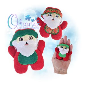 May include: Three plush Santa Claus toys in different sizes. The largest Santa is wearing a green hat and a red and green vest. The middle Santa is wearing a green hat and a red and green vest. The smallest Santa is wearing a green hat and a green vest. All three Santas have white beards and rosy cheeks.