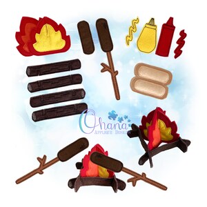 May include: A collection of felt camping-themed items, including flames, logs, hot dogs on sticks, condiments, and a hot dog bun. The colors are red, yellow, brown, and tan. The items are arranged on a light blue background.