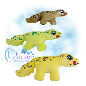 May include: Three plush gecko toys in different colors: brown, green, and yellow. Each gecko has a cute face with big eyes and a red mouth. The geckos are standing on a white background.