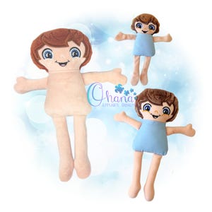 May include: Three plush dolls with brown hair and blue eyes, featuring embroidered facial details. One large doll is beige, while two smaller dolls wear light blue shirts. The text Ohana Applique Designs is visible in the centre of the image.