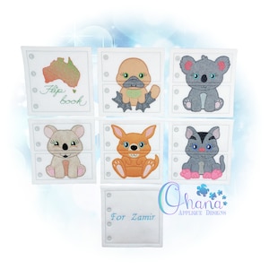 May include: A set of six felt squares with embroidered Australian animals, including a koala, kangaroo, platypus, and wombat. The squares are designed to be used as a flip book, with the text "Flip book" written on the cover. The squares are personalized with the name "Zamir".