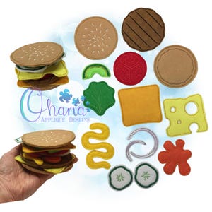 May include: Felt applique pieces for a pretend play hamburger. The set includes a brown bun, a patty, cheese, lettuce, tomato, onion, pickle, mustard, ketchup, and a sesame seed bun.