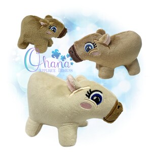 May include: Three plush toy capybaras in different poses. The capybaras are brown and beige with embroidered eyes and noses. The capybaras are on a light blue background with white clouds.