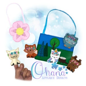 May include: A collection of felt applique designs featuring a pink flower bag, a blue tote bag with a forest scene, and various woodland creatures like a fox, owl, unicorn, deer, and llama, all adorned with floral crowns.
