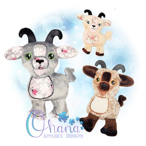 May include: Three plush goat toys in various colors. One is gray with black horns and pink floral accents. Another is tan with floral details, and the third is brown and tan. The toys have embroidered details and are designed with a cartoonish style.
