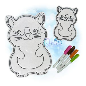 May include: Two white felt hamster-shaped appliques with black embroidered outlines and facial features, accompanied by four markers in pink, brown, orange, and green. The text Ohana Applique Designs is visible in the center of the image.