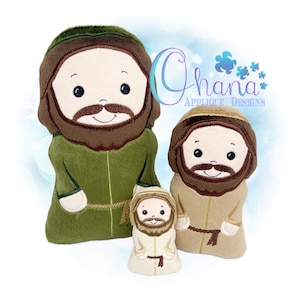May include: Three plush figures of a man with a beard and a robe. The largest figure is green, the medium figure is tan, and the smallest is off-white. All have brown hair and beards. The figures are smiling. The text "Ohana Applique Designs" is in the background.