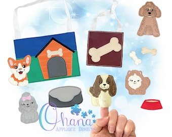 May include: A felt finger puppet set featuring various dog breeds, including a corgi, a poodle, and a spaniel. The set also includes a dog house, a bone, a food bowl, and a dog bed. The puppets are designed for imaginative play and storytelling.