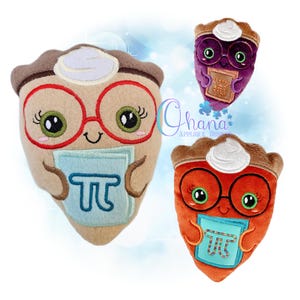 May include: Three plush pie slice toys with smiling faces, glasses, and holding a book with the pi symbol. The pie slices are tan, orange, and purple, each with a whipped cream topping and brown crust. The glasses are red.