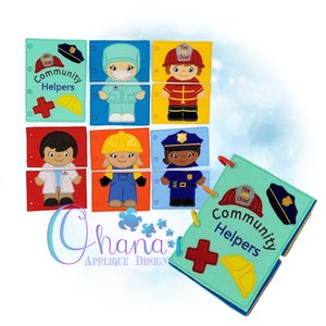 May include: A felt book for children with the title "Community Helpers". The book has pages with different community helpers, including a doctor, a construction worker, a firefighter, and a police officer. Each page has two pieces that can be matched together.