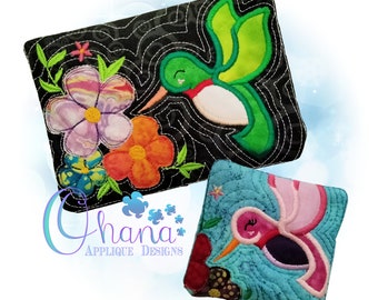 Diseño de bordado a máquina de posavasos de colibrí en bastidor