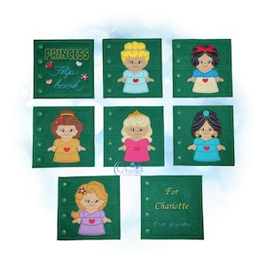 May include: A set of green fabric squares featuring embroidered princess designs. Each princess has a unique dress and hairstyle. One square reads "Princess Flip Book". Another square is personalized "For Charlotte From Grandma".