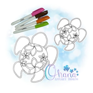 May include: A black and white line art design of a turtle with flowers on its shell. The design is perfect for embroidery or applique projects.