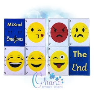 May include: A set of eight felt squares with different emoji faces. The squares are blue, red, yellow, and white. The text "Mixed Emotions" and "The End" are on two of the squares.